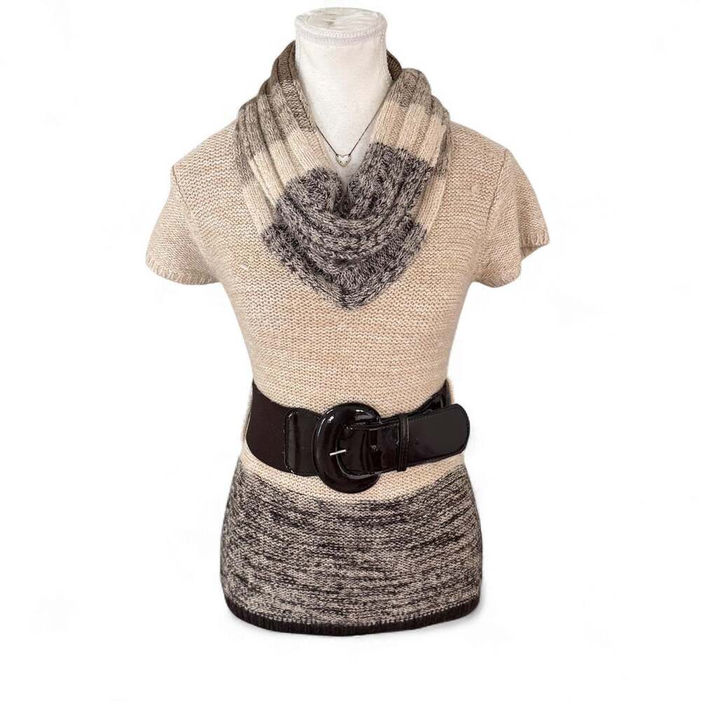 Y2K Belted Knit Short Sleeve Office Siren BCX brown beige knit sweater size S